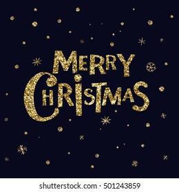 Merry Christmas gold design greeting card. Hand-drawn lettering.