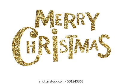 Merry Christmas gold design greeting card. Hand-drawn lettering.