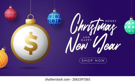 Merry Christmas gold dollar symbol banner. Dollar sign as christmas bauble ball hanging greeting card. Vector image for xmas, finance, new years day, banking, money