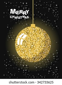 Merry Christmas. Gold fir-tree toy ball and snow. Strict greeting card for new year. Luxury xmas decoration  
