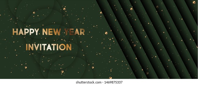 Merry Christmas gold frame vector elegant on dark green banner design of sparkling lights garland