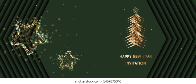 Merry Christmas gold frame vector elegant on dark green banner design of sparkling lights garland