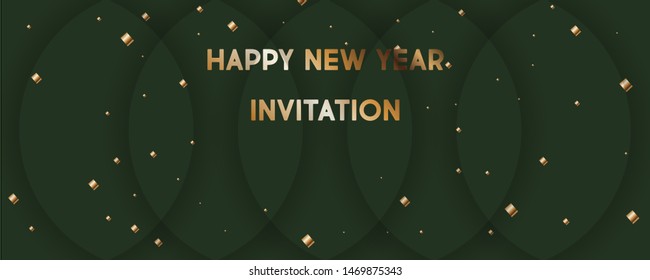 Merry Christmas gold frame vector elegant on dark green banner design of sparkling lights garland