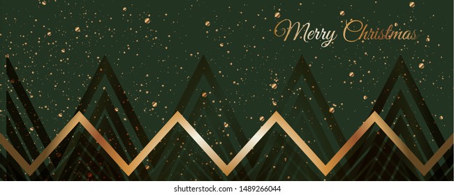 Merry Christmas gold frame vector elegant on dark green banner design of sparkling lights garland