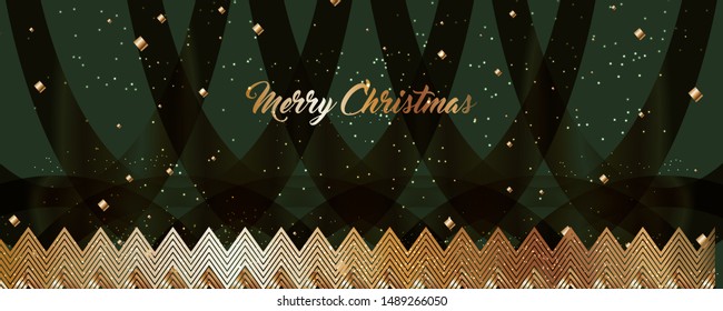 Merry Christmas gold frame vector elegant on dark green banner design of sparkling lights garland