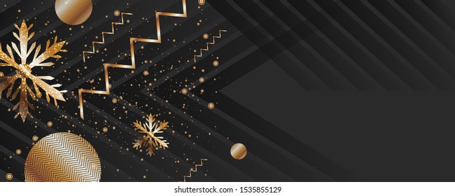 Merry Christmas gold frame vector elegant on dark green banner design of sparkling lights