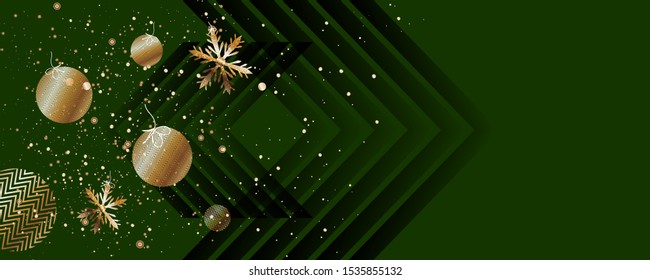 Merry Christmas gold frame vector elegant on dark green banner design of sparkling lights