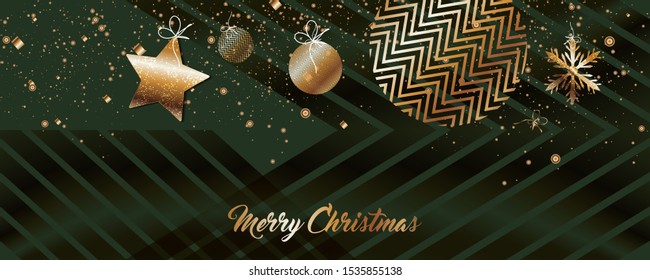 Merry Christmas gold frame vector elegant on dark green banner design of sparkling lights