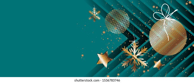 Merry Christmas gold frame vector elegant on dark green banner design of sparkling lights