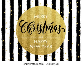 Merry Christmas gold glitter greeting card. Vector black stripes, golden glittering circle ball ornament. Calligraphy lettering modern trend dotted poster background