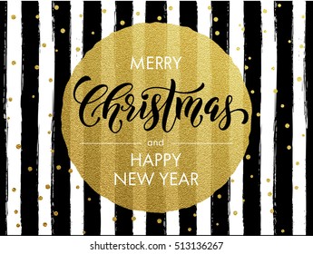 Merry Christmas gold glitter greeting card. Vector black stripes, golden glittering circle ball ornament. Calligraphy lettering modern trend dotted poster background