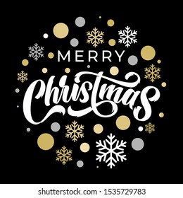 Merry Christmas gold glitter lettering design. Christmas greeting card, poster, banner. Vector golden glittering snow, snowflakes, white dots on black background