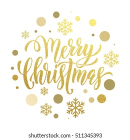 Merry Christmas gold glitter lettering design. Christmas greeting card, poster, banner. Vector golden glittering snow, snowflakes, black dots on white background