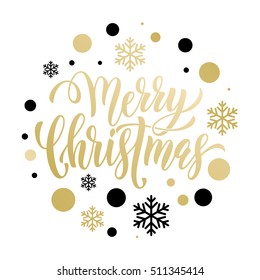 Merry Christmas gold glitter lettering design. Christmas greeting card, poster, banner. Vector golden glittering snow, snowflakes, black dots on white background