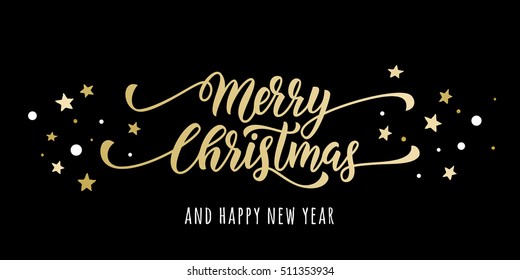 Merry Christmas gold glitter lettering design. Christmas greeting card, poster, banner. Vector golden glittering snow, snowflakes, white dots on black background