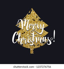 Merry Christmas gold glitter tree and calligraphic text, vector illustration