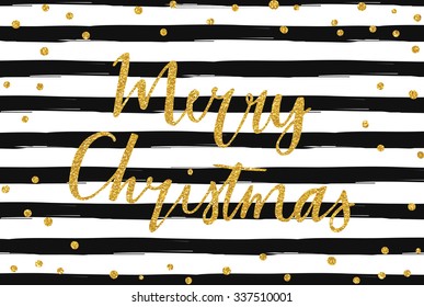 Merry Christmas - gold glittering lettering design with confetti pattern