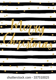 Merry Christmas - gold glittering lettering design with confetti pattern