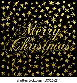 Merry Christmas gold glittering lettering design. Vector illustration. Element for greeting cards, posters.