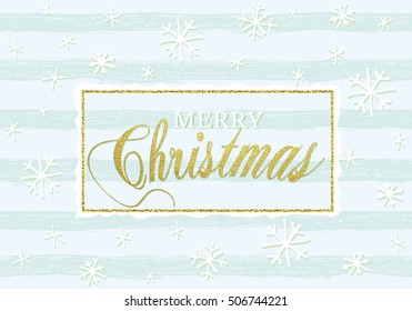 Merry Christmas gold glittering lettering design. Vector illustration. Falling snow element for greeting cards, posters.
