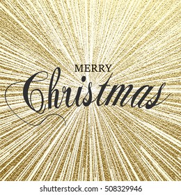 Merry Christmas gold glittering lettering design. Explosion vector illustration. Sun ray or star burst element with sparkles. Element for greeting cards, posters. Golden glow glitter.