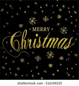 Merry Christmas gold glittering lettering design. Vector illustration. Falling snow element for greeting cards, posters.