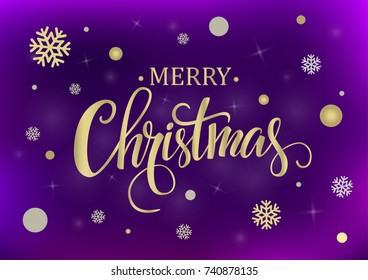 Merry Christmas gold glittering lettering design on a purple background. Vector illustration EPS 10