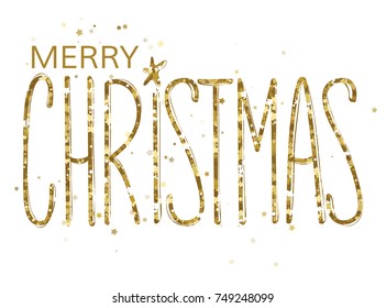 Merry Christmas  gold glittering text. Vector lettering design. Greeting card. Custom handmade calligraphy. 
