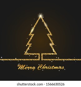 Merry Christmas gold glowing tree background. New Year holiday design. Xmas greeting annual report. Glowing gold decorations. Vector illustration.