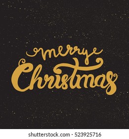 Merry Christmas Gold Hand Drawn Lettering. Happy New Year illustration. Xmas Design Label Elements for holiday invitation, greeting, card and headline, title, sticker, emblem, print, magnet. Vector