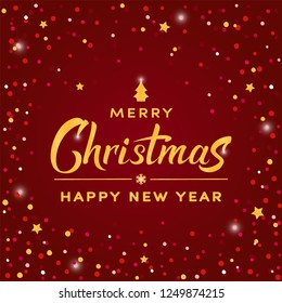 Merry Christmas gold hand lettering text on dark red background with confetti and stars. Celebration winter sign for holiday design, postcard, poster, invitation, banner. Vector illustration EPS 10.
