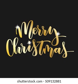 Merry Christmas gold hand written inscription with spark on black background