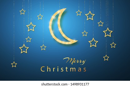 Merry Christmas. Gold handing shiny glitter glowing star isolated on blue night background. Vector illustration.