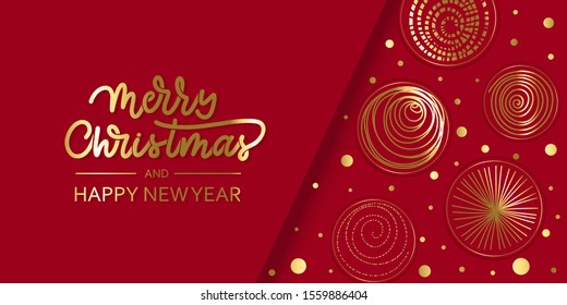 Merry Christmas gold  holidays card with balls  and lettering.