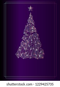 Merry Christmas gold invitation. Background purple color on Dark Light ,Geometric design gold tree. Happy New year greeting card. Vector