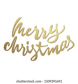 Merry Christmas gold lettering. Cute shiny hand drawn clip art for winter holidays design. Vector illustration for greeting cards, banners, party invitations.