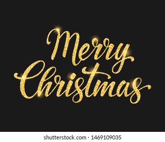 Merry Christmas gold lettering design on black background. Vector illustration.