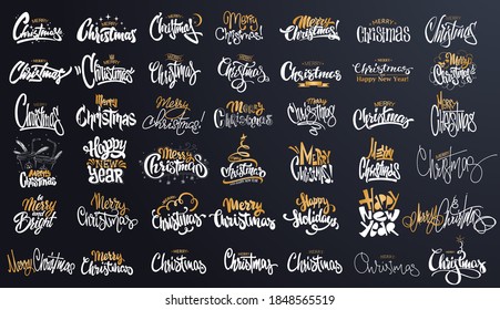 Merry Christmas Gold Lettering Design Set Vector Illustration