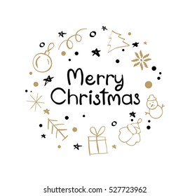 Merry christmas gold lettering design. Xmas calligraphy text quote for holiday greeting card. 