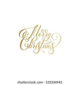 merry christmas gold logo handwritten lettering inscription holiday phrase, typography banner with brush script, calligraphy vector illustration