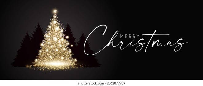 Merry Christmas gold shining design. Christmas tree for New Year invitation.