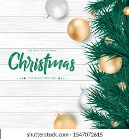 Merry Christmas with gold and silver balls background