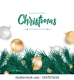 Merry Christmas with gold and silver balls background