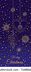 Merry Christmas! Gold snowflakes and Christmas decorations on blue background with sparkles. The vertical format. Vector