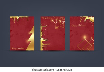 Merry Christmas gold template set with holiday tree and xmas elements, stars, glitter and lamps. Golden luxury frames Ideal for greeting card, poster or web design, red grunge background 