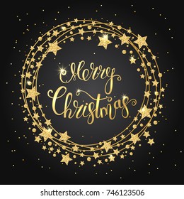 Merry Christmas gold text for card for your design. Calligraphy inscription in a circle with shine stars. Vector illustration.