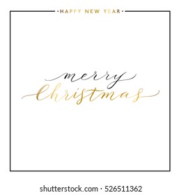 Merry Christmas Gold Text Isolated On White Background, Hand Painted Letter, Golden Vector Xmas Lettering For Greeting Card, Poster, Banner, Print, Invitation, Handwritten Calligraphy