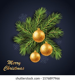 Merry Christmas gold text on black background. Winter pattern. Christmas tree. Vector Illustration.