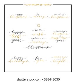 Merry Christmas gold text set - be merry, happy new year, happy holidays, vector golden xmas lettering for greeting card, poster, invitation, banner, print, handwritten calligraphy