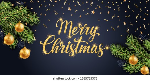 Merry Christmas gold text. Winter pattern. Christmas tree. Vector Illustration.